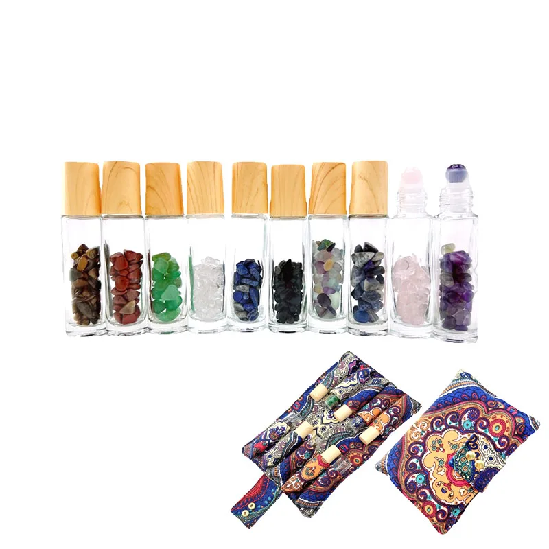 10pcs Refillable Essential Oil Bottle with Storage Bag Natural Quartz Gemstone Jade Roller Bottle Plastic Wood Grain Lid P342