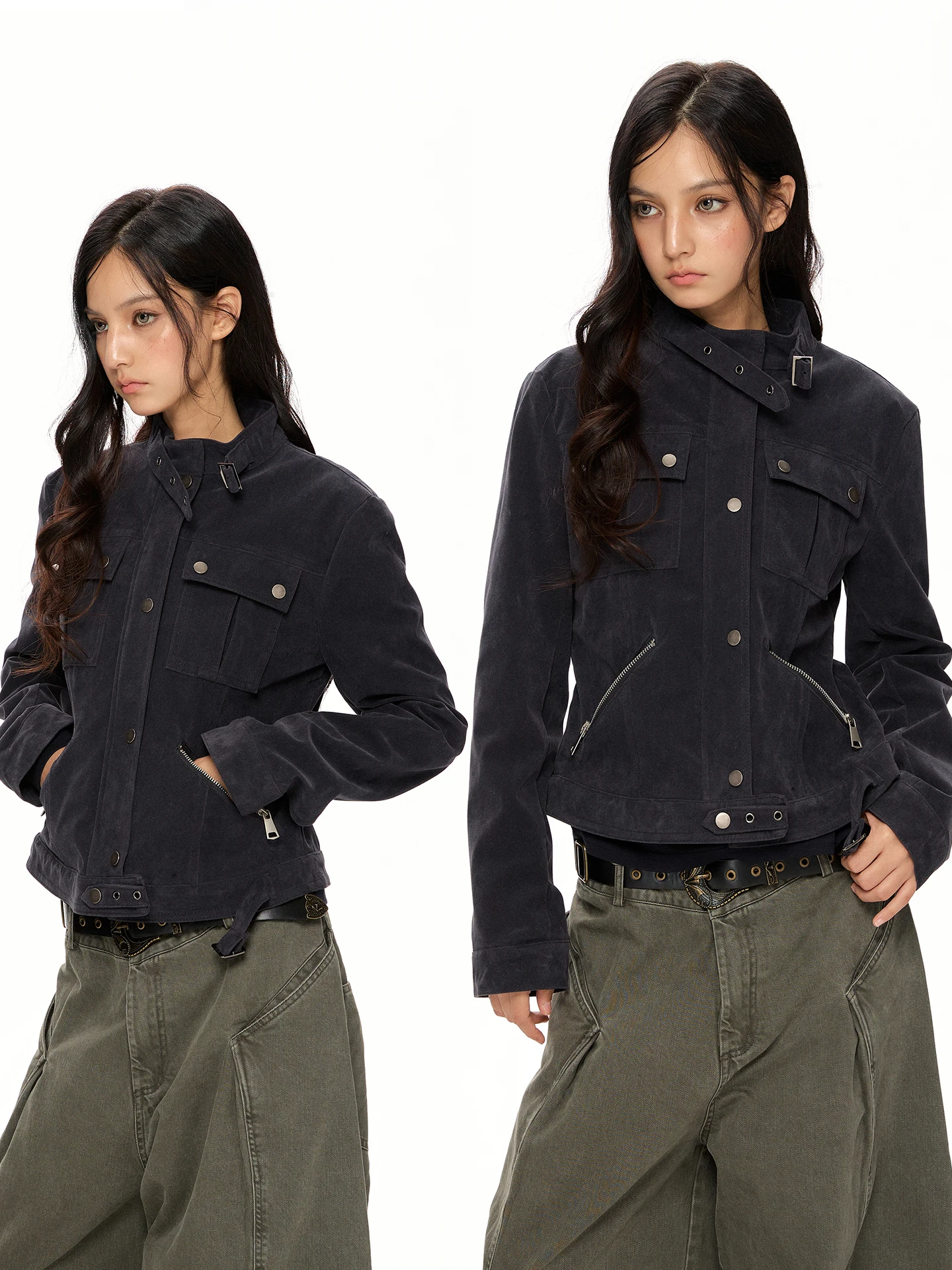 Kurtka damska w stylu retro, amerykańska, vintage, ze sztucznej skóry, wielowarstwowa, robocza, z ozdobnym zamkiem błyskawicznym na ramieniu.