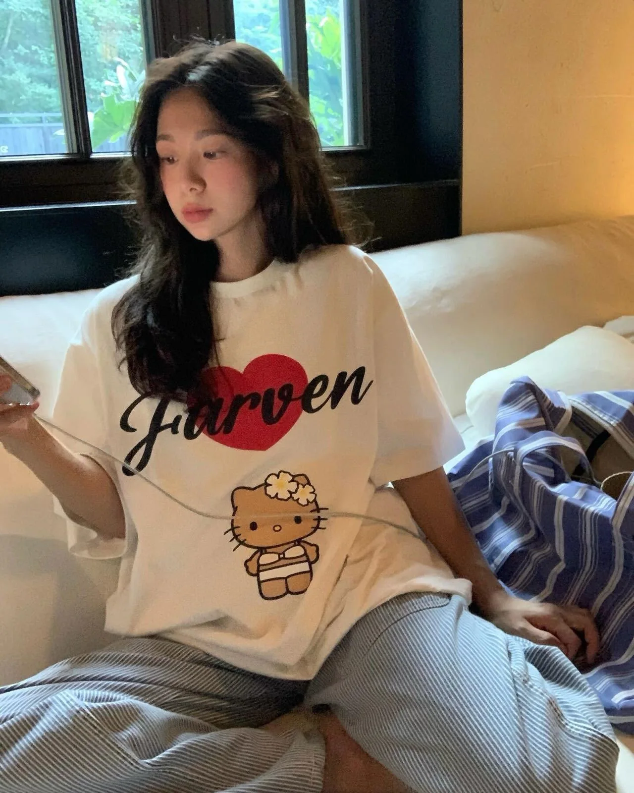 T-shirt lunga ampia Sve da donna con stampa cartoon casual coreana in cotone Sle assorbente del sudore rotondo Ne ort Sve Top