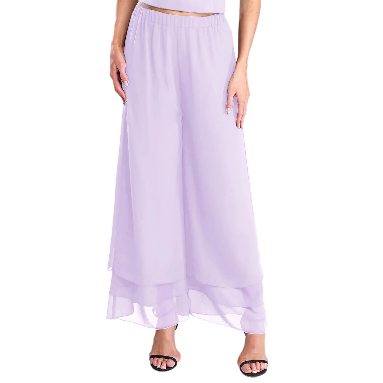 

Women Mesh Loose Pants Mother of The Bride Costume Double-Layer Chiffon Wide-Leg Pants for Wedding Banquet Formal Evening Party