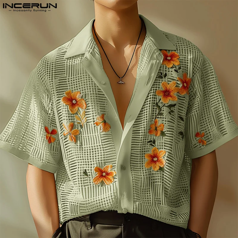 INCERUN Men Shirt Flower Printing Mesh Transparent Lapel Short Sleeve Men Clothing Streetwear Summer 2024 Fashion Male Shirts