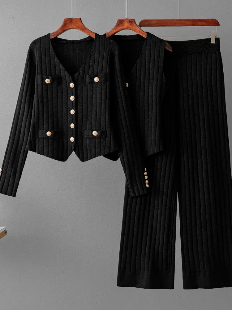 Senior Knitt 3 Piece Set Women V Neck Long Sleeve Cardigan+Metal Button Vest+Wide Leg Pants Fashion Casual Stripe Sweater Suit