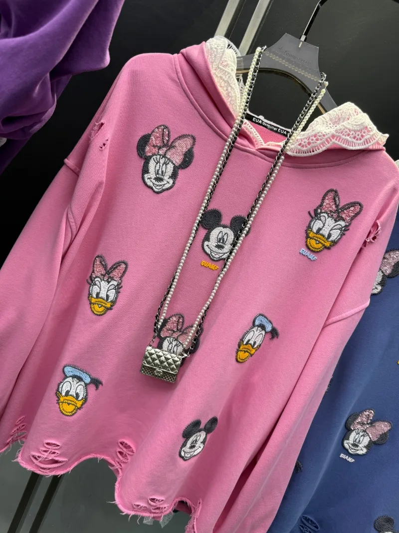 เสื้อฮู้ดดี้ปักลายการ์ตูนลูกไม้หนา สำหรับผู้หญิง แฟชั่นหลวม ดีไซน์สวยทันสมัย เสื้อฮู้ดดี้ใหม่ประจำฤดูใบไม้ร่วงปี 2025