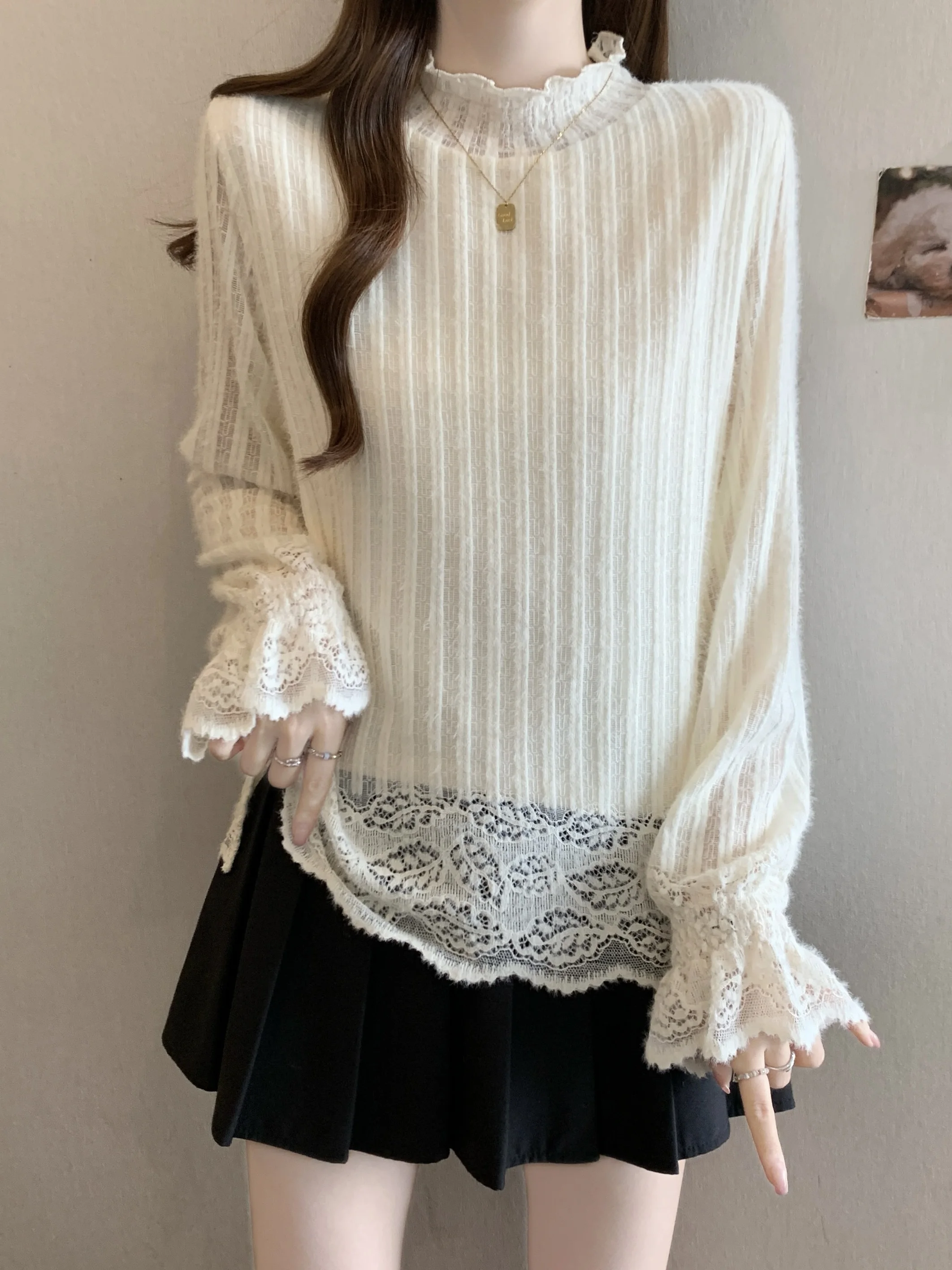 

Шикарный женский длинный све кружевной топ больших размеров с высоким воротником на подкладке, корейский свободный крой, повседневная одежда