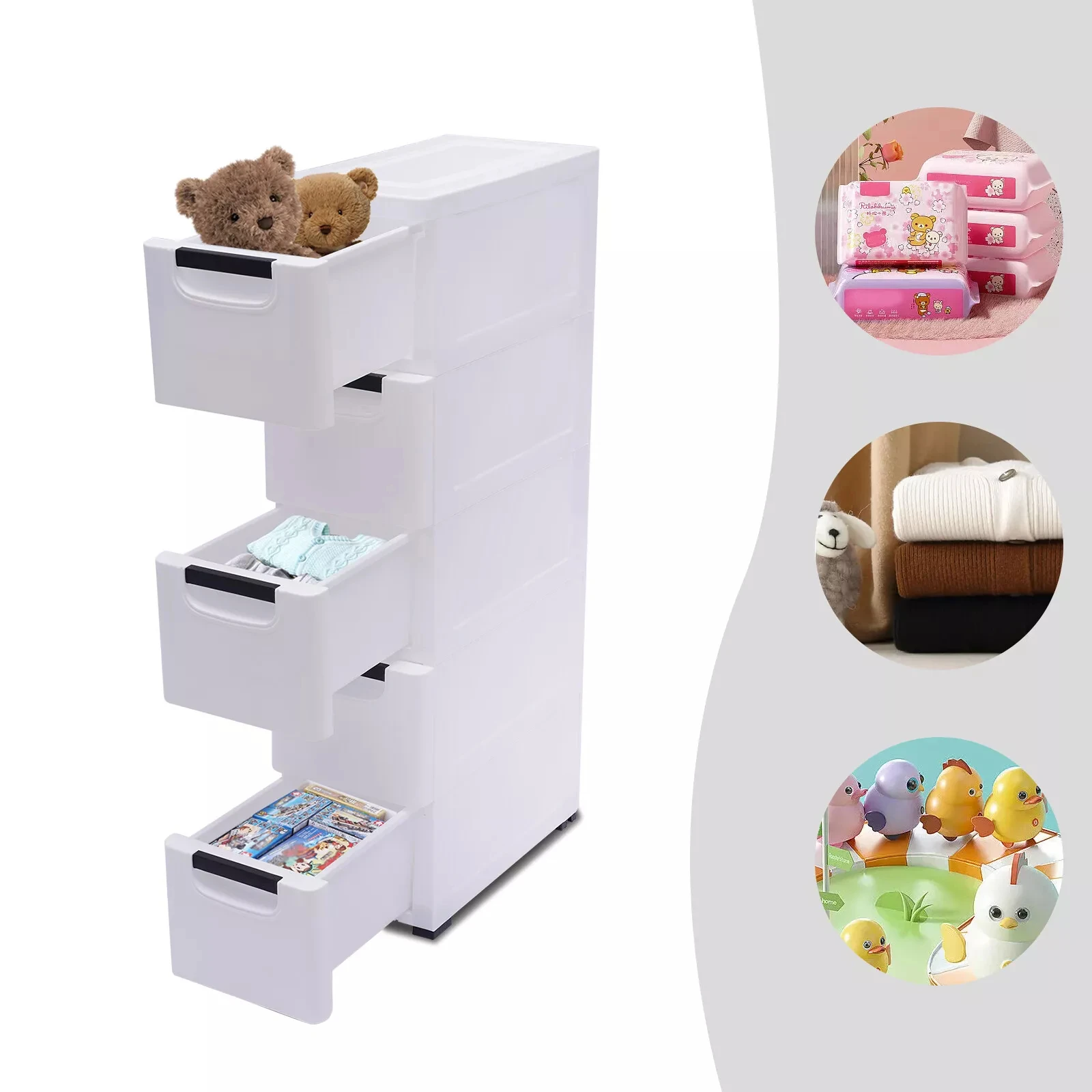 

Organizer 20×40×84cm-White Vertical High Dresser Storage Tower with 5 Drawers Fabric Organizer Wardrobe