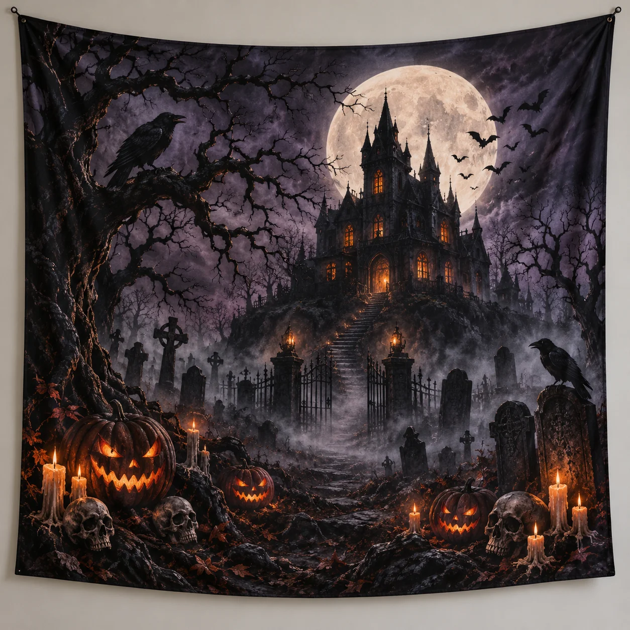 Gothic Halloween Castle Graveyard Tapestry Full Moon Crow Pumpkin Skull Wall Hanging Party Backdrop Decor