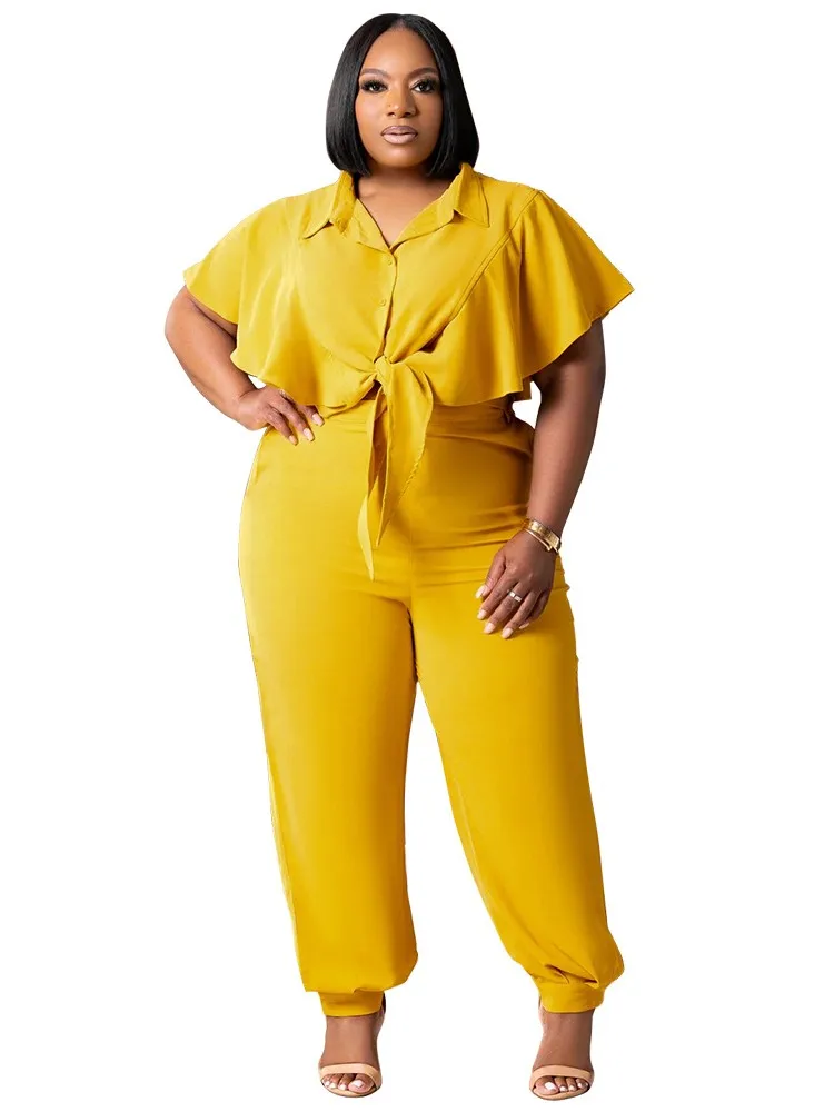 

Elegant Large Size Loose Women's Suit Collar 2026 With Short Ruffle Top Pencil Pants Suit Streetwear Sportswear Two Piece Set