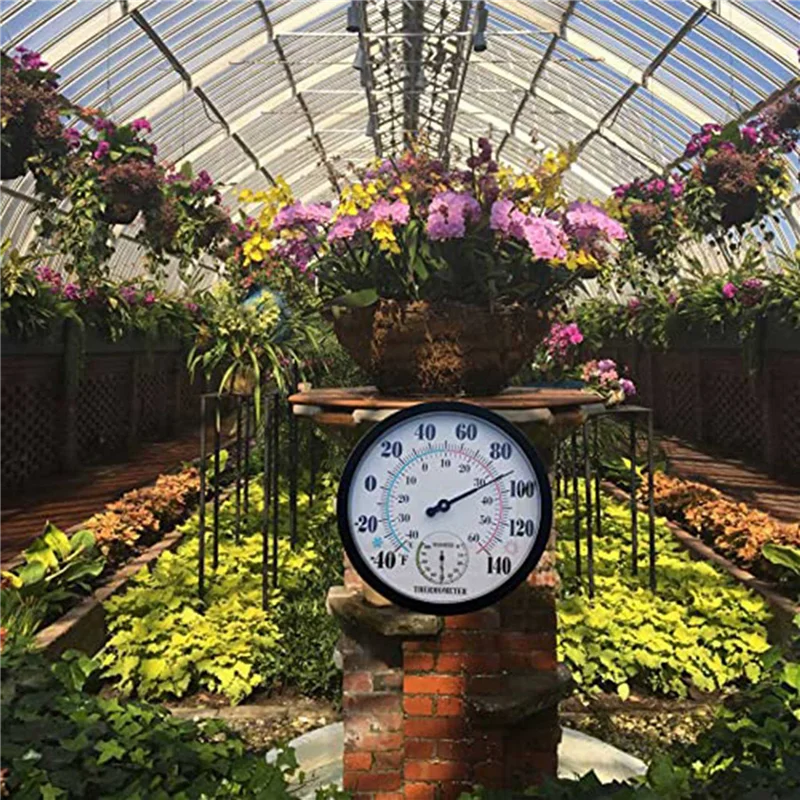 AS95-2X ميزان حرارة داخلي وخارجي حديقة جدار فناء ميزان حرارة الطقس الرطوبة، عدد كبير 10 في القطر (أسود)