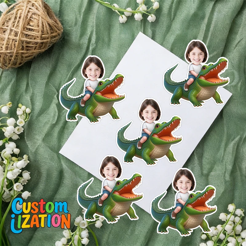 Custom Kids Portrait Crocodile Riding Decor Set Personalized  Avatar Banner & Cupcake Toppers & Sticker Combo for Birthday Party