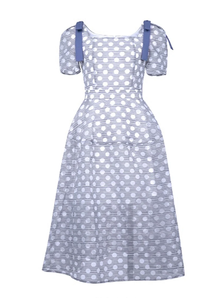 Vintage Cute Blue White Polka Dot Midi Dress Women's Sheer Swing Ball Gown Female Casual Daily Party Vestidos Dating Prom Robe