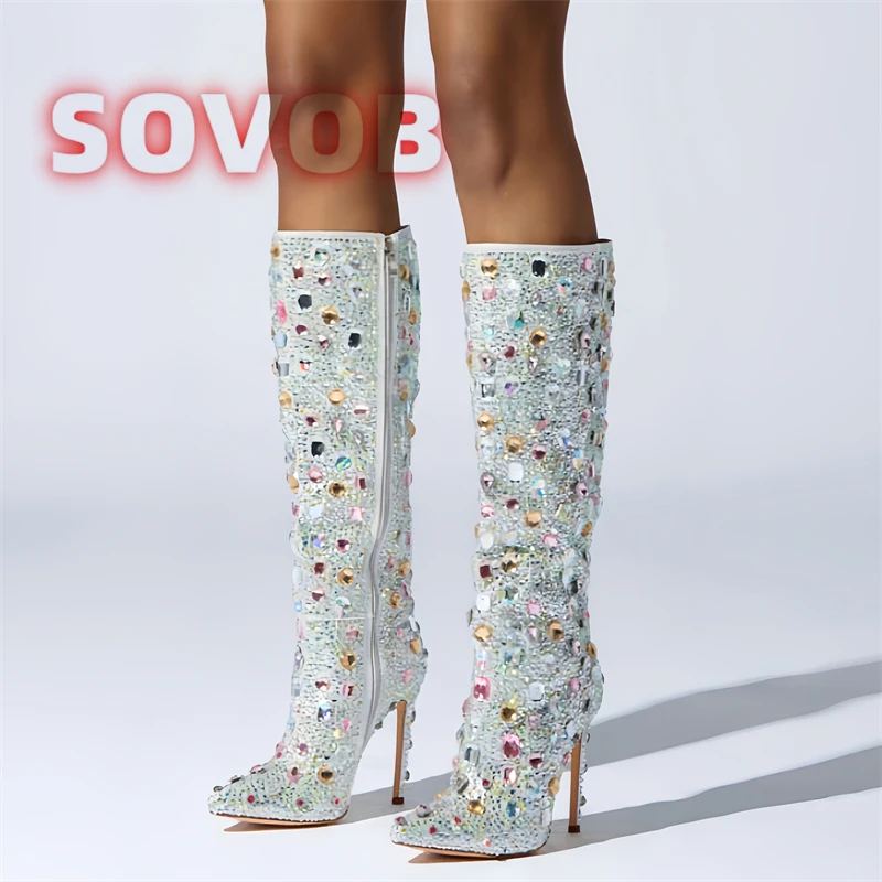 Women's Rhinestone Covered Knee High Boots Sexy Pointed Toe Stiletto Heel Side Zipper Party Dress Boots With Gem Detailing 35-44