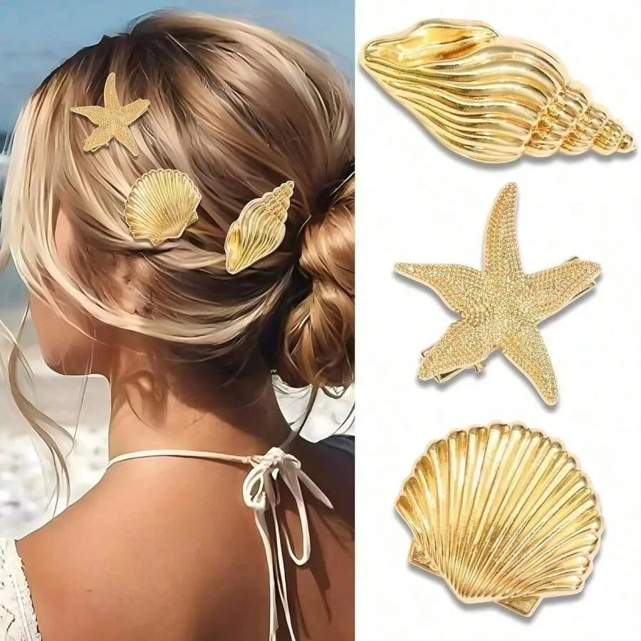 

3 PCS Gold Starfish Hair Clip, Mermaid Shell Hair Clip, Metal Seashell Hair Clip, Crocodile Clip For Beach Party, Starfish Headpiece For Wedding, Summer Hair Accessories For Women And Girls, Hairpin, Beach Accessories
