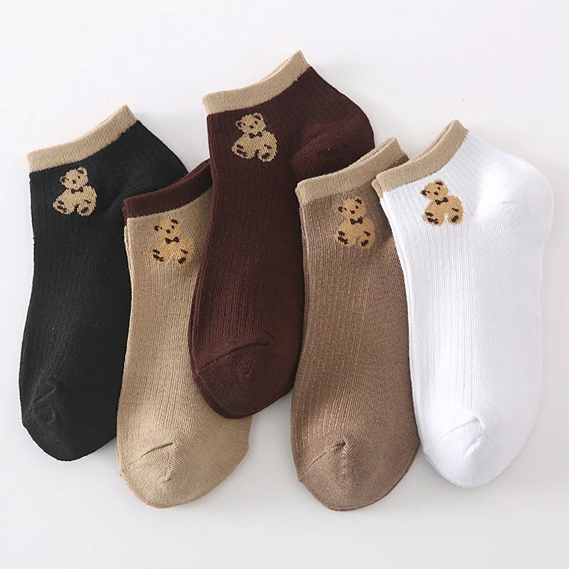 

5 Pairs Cartoon Bear Pattern Women Short Socks Fashionable Ribbed Soft Comfortable Breathable and Casual Ankle Socks