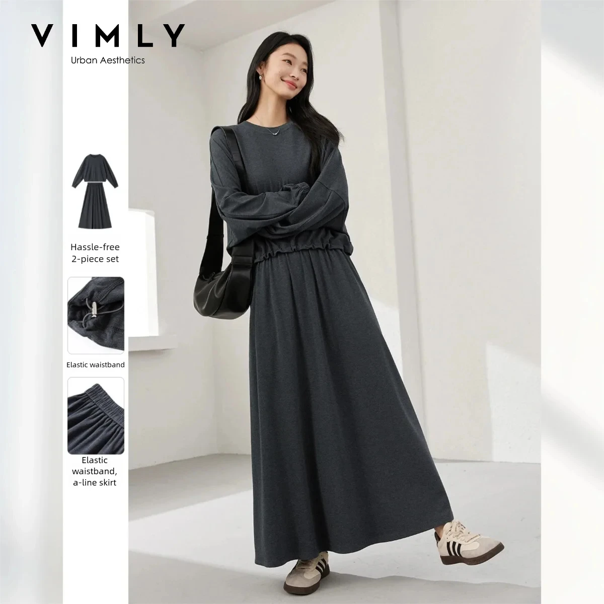 VIMLY Dark Gray Knit Two Piece Set 2026 Autumn Women Round Neck Top High Waist A-line Long Skirt Commuter Matching Outfit A0097