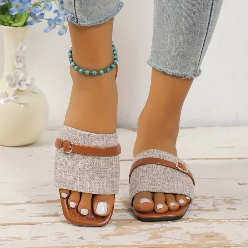 Women's Slippers 2024 Summer Fashion Square Toe Shoes Plus Size 43 Open Toe Flat Shoes for Women Outdoor Casual  Slides Ladies