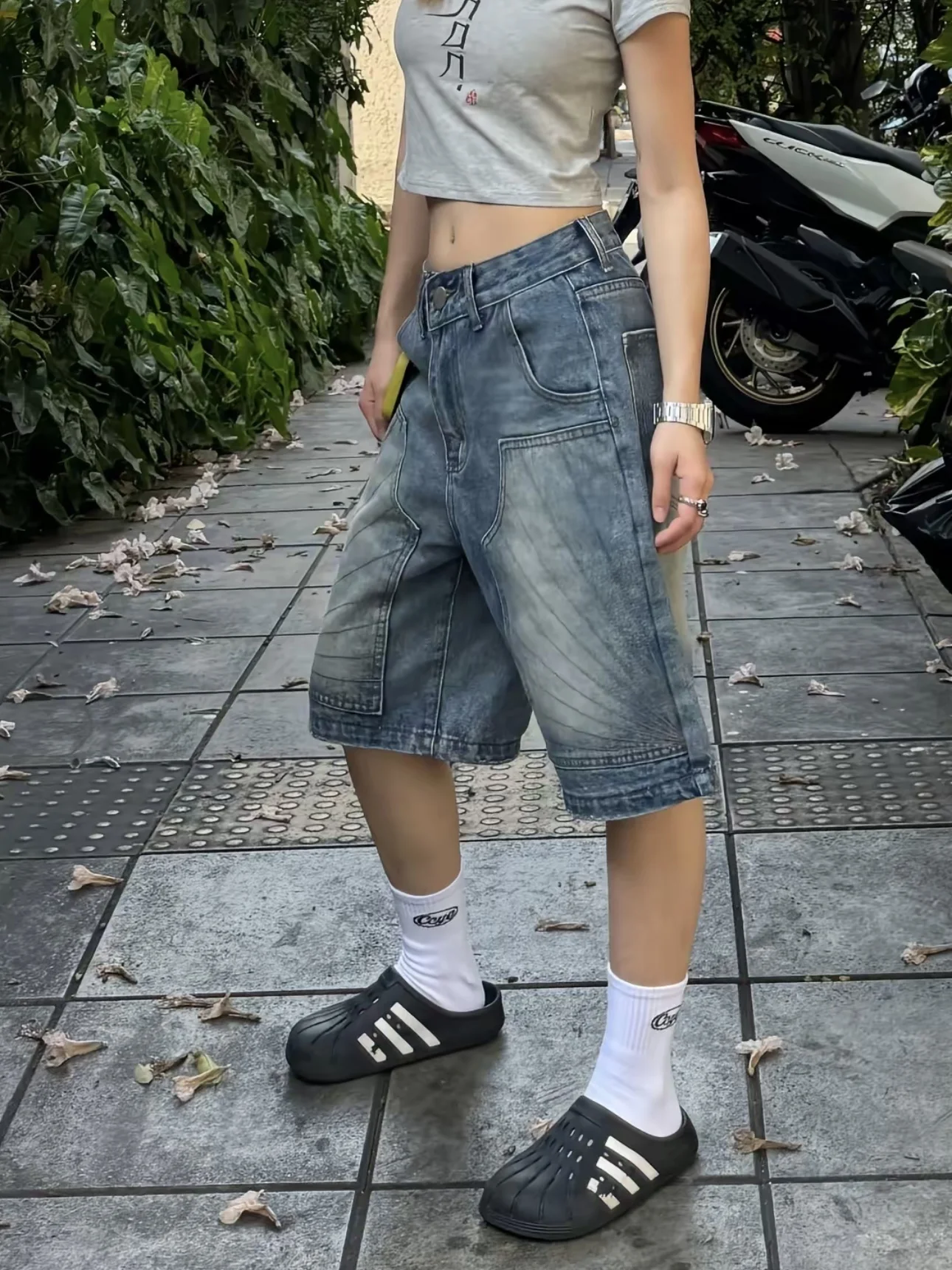 

Retro American Distred Denim orts ex Summer New Faion Casual Loose Versatile Straight Leg Five-Quarter Pants