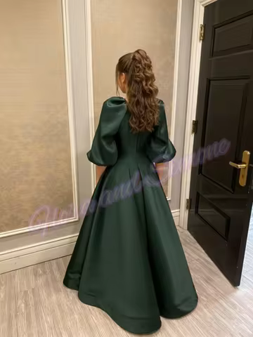 Green Satin Bridesmaid Dress for Women A-line Round Neck Balloon Sleeve Prom Evening Gown Long Custom Wedding Party Dress