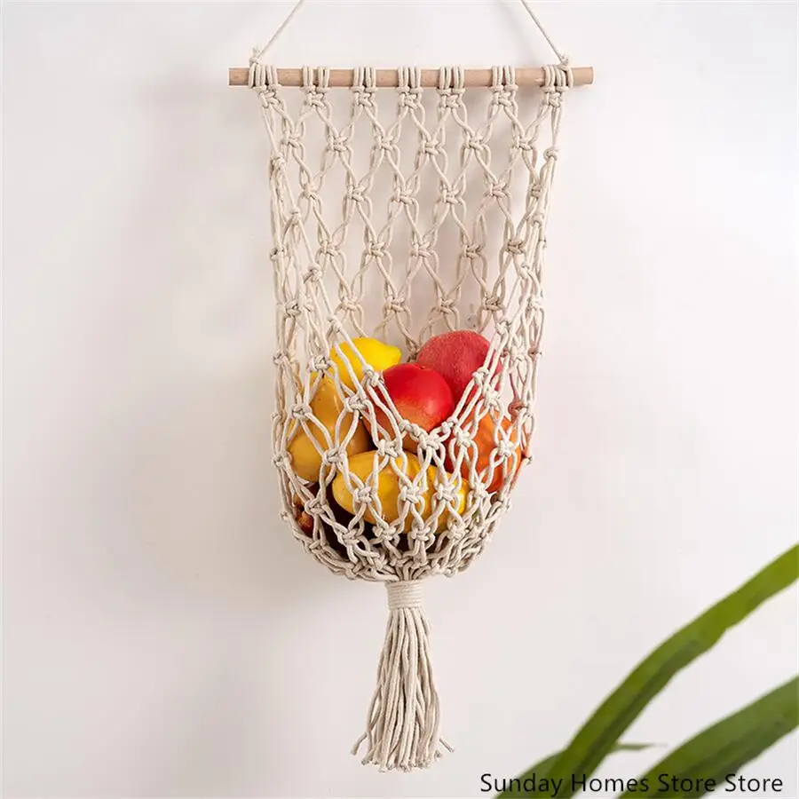 Cesta de macramé para almacenamiento de frutas, soporte de pared colgante para Hamaca, armario de cocina, contenedor de vegetales, plátano