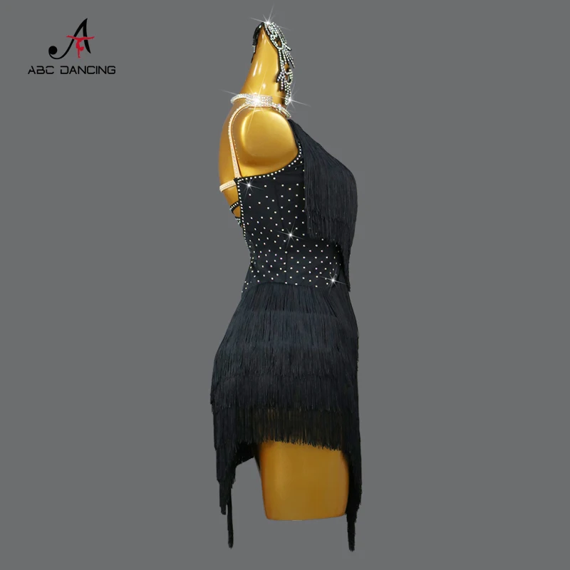 Robe à franges de danse latine noire pour femmes, ligne trempée, costume de compétition de sport pour filles, jupe de scène de Rhsexy, vêtements de cabaret personnalisés, 2024