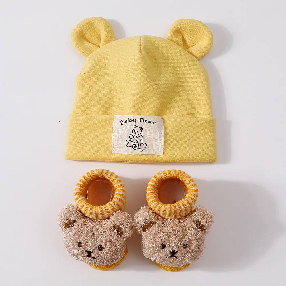 2-teiliges Set aus Bärenohren-Baby-Mütze und Stricksocken, Baumwolle, Neugeborenen-Kopftuch, Mützen, Herbst-Winter-Warm-Kinder-Pullover-Mütze, Baby-Accessoires – Detail 10