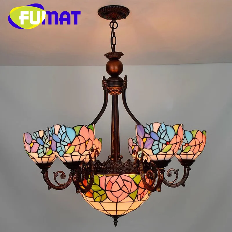 FUMAT Tiffany style stained glass simple Mediterranean Lotus bird chandelier Pendant lamp Living Room Restaurant Hotel decor