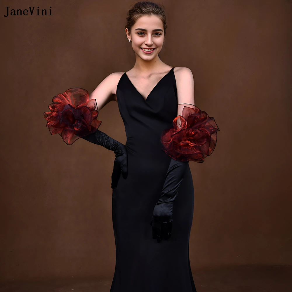 JaneVini 2024 New Fashion Black Long Gloves for Women Handmade 3D Red Flower 55cm Satin Bridal Gloves Wedding Dress Accessories