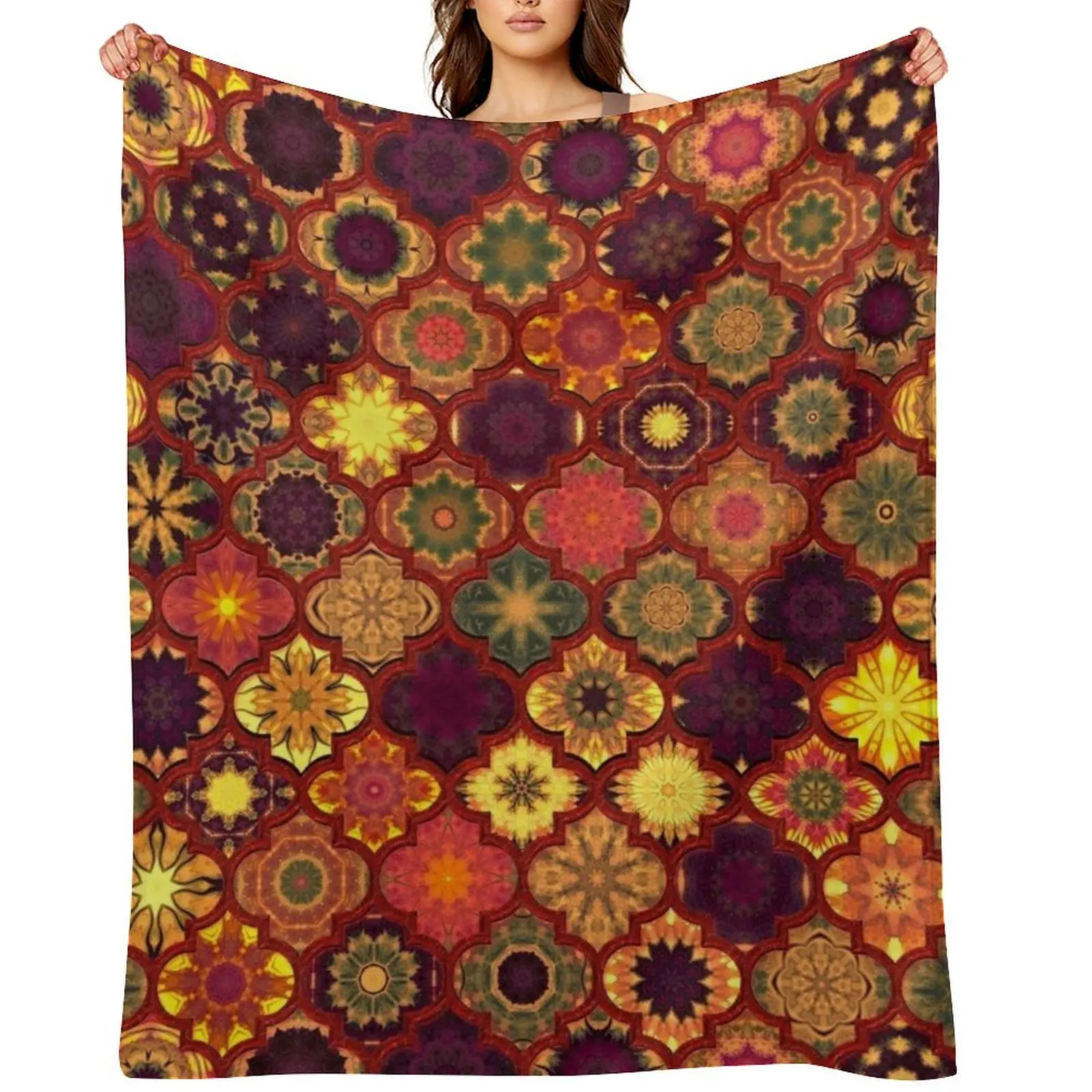 

Moroccan Tile Pattern, Golden red Throw Blanket Comforter Hair Hairy Blankets