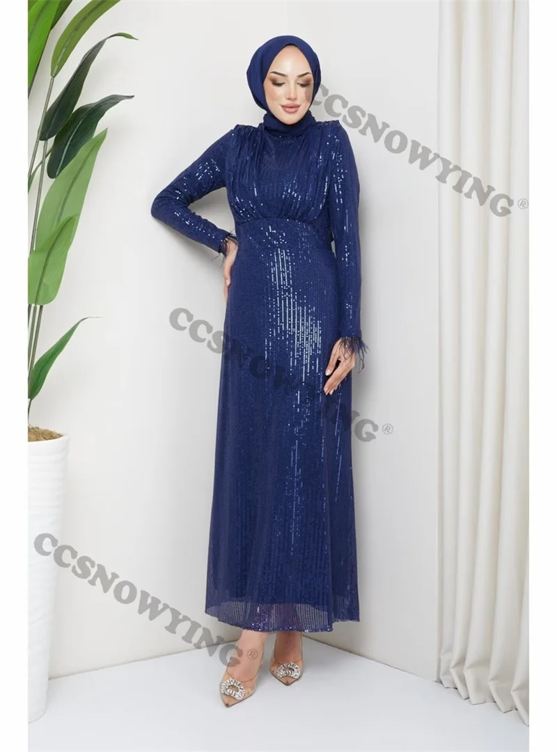 

Sparkly Sequin Beaded Feather Hijab Muslim Evening Dress Long Sleeve Islamic Formal Party Gown Women Arabic Robe De Soiree