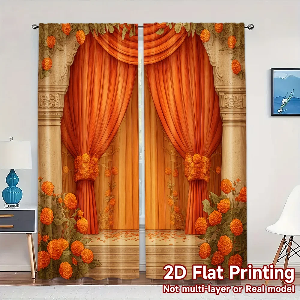 2D Flat Printing,JIT 2pcs, Curtains (Without Rod) Floral Sunrise Print Chic Curtains Fabric Curtains Holiday Use for Bedroom,