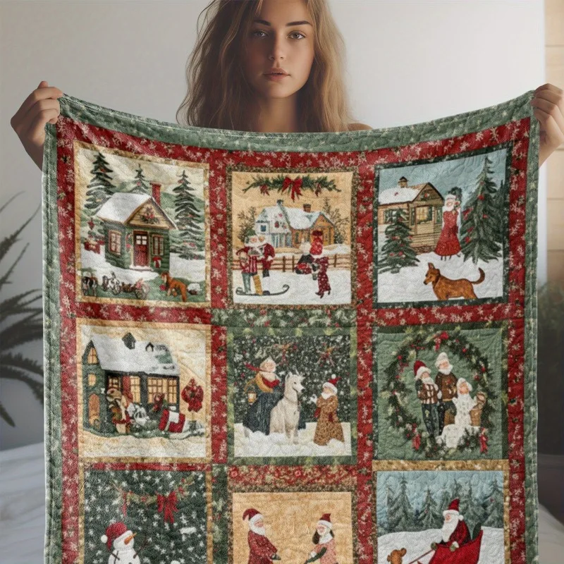 Offene 1-teilige Fleecedecke mit Weihnachtsdorf-Muster, warme, bequeme und weiche Decke, geeignet für Sofa, Bett