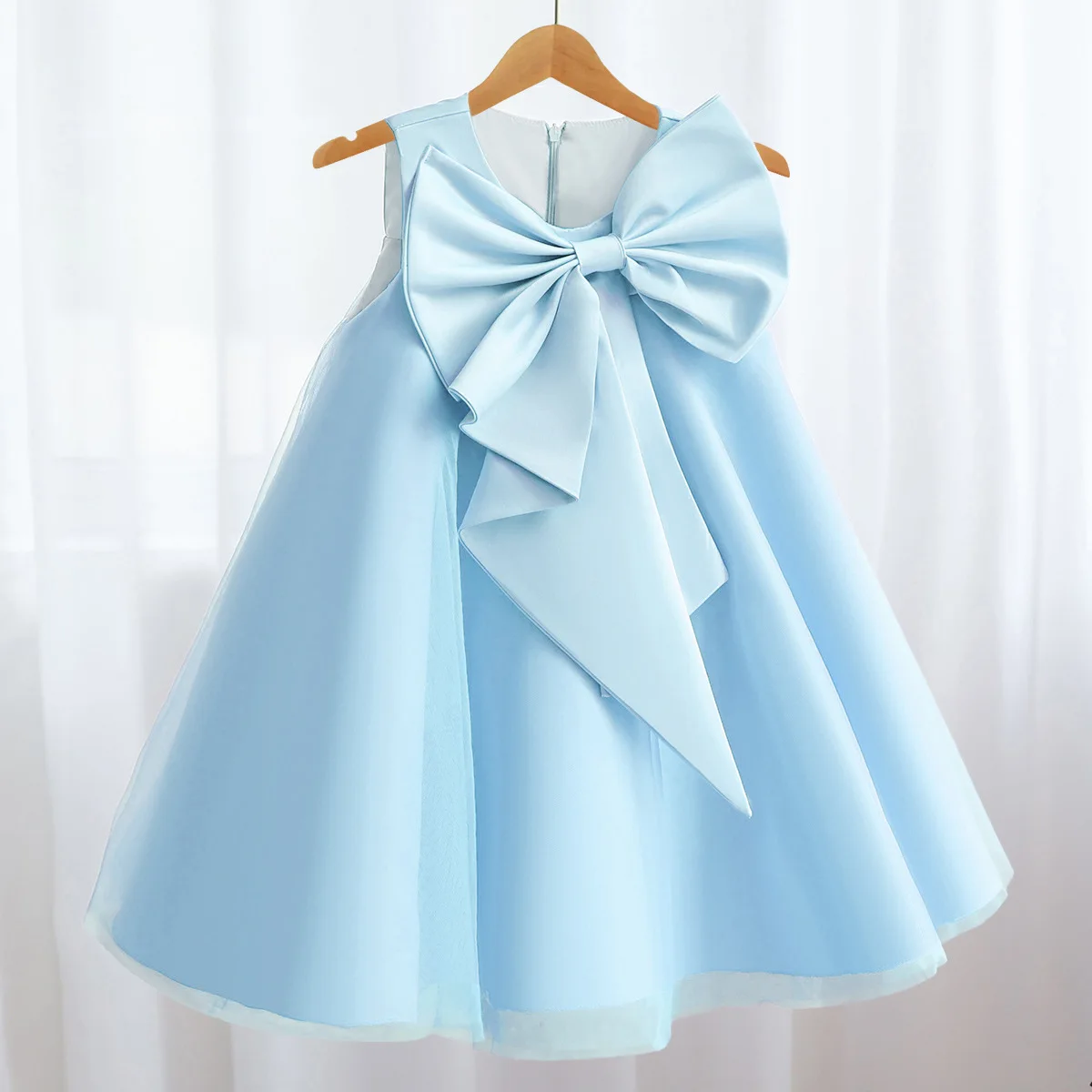Abito da ragazza di fiore con fiocco in tulle di raso da principessa per bambini, abito da prima comunione per bambini, abito da ballo, abito da festa di nozze, compleanno