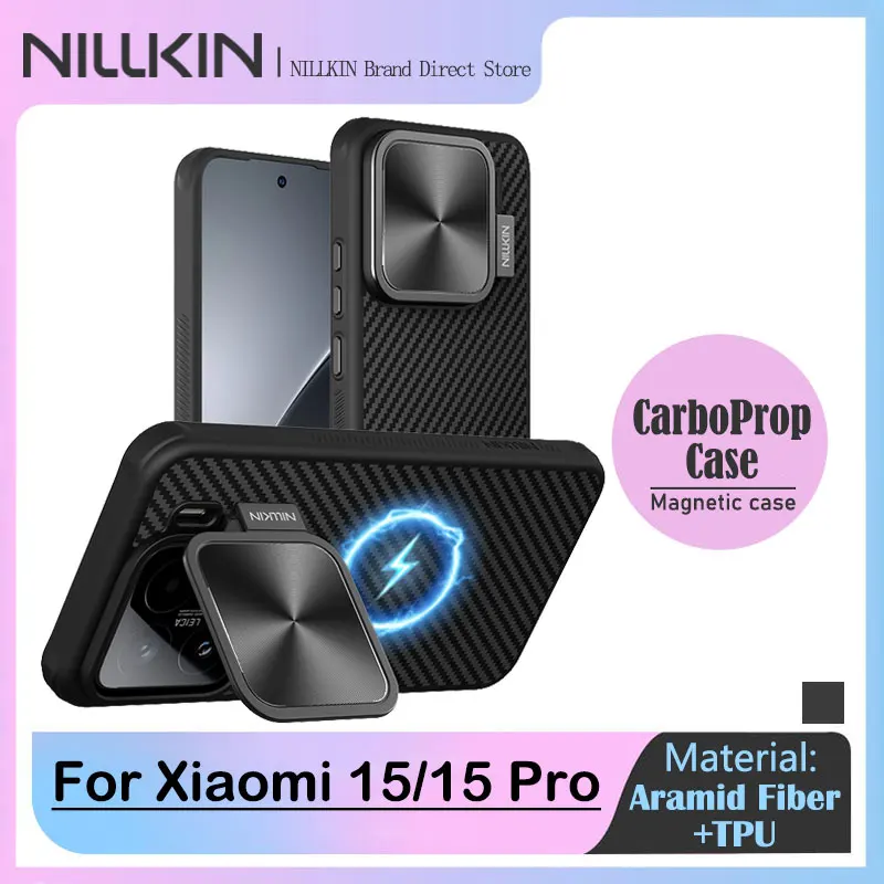 NILLKIN Magnetic Case for Xiaomi 15 Pro, Magesafe, Aramid Fiber Overmolding, TPU, Metal Frame, Camera lens Cover with Stand