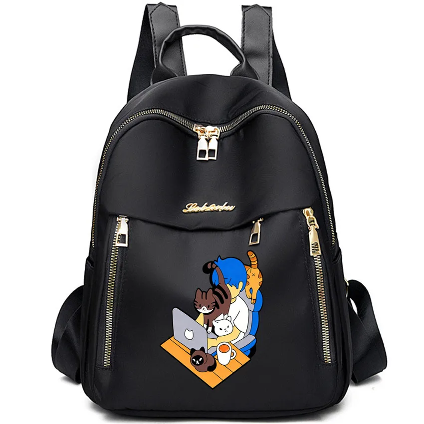 

Nylon Backpack Women Casual Schoolbag Travel Bag For Teenager Student School Rucksack Cute Work Cats Printed Girl Rucksack Bag