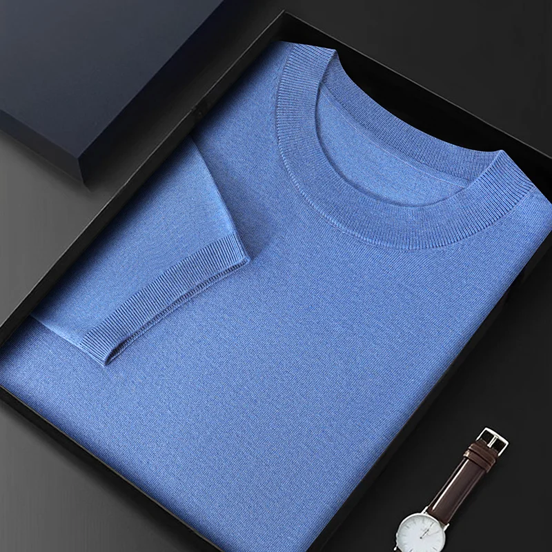 

Мужской пуловер DjzDsm из 100% чистой шерсти с круглым вырезом, вязаный свитер, весенне-летний базовый стиль, мужская одежда с коротким рукавом, футболка