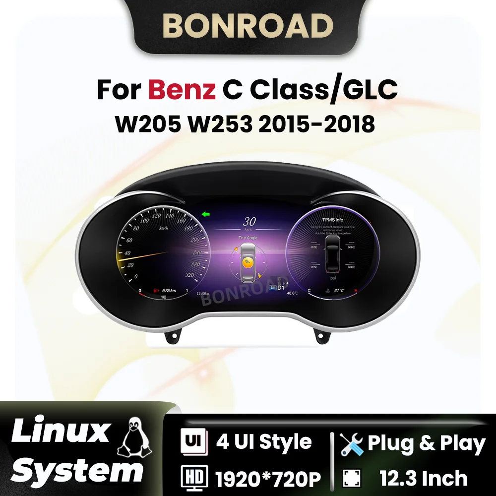 

BONROAD 12.3'' Car Digital Dashboard For Benz C Class GLC W205 W253 2015-2018 Speedometer Virtual Cockpit Instrument Cluster