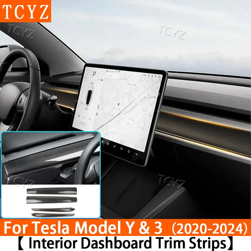 

For Tesla Model Y 2024 Model 3 2023 Dashboard Strip Cover Car Door Trim Center Console ABS Carbon Fiber Car Interior Accessories