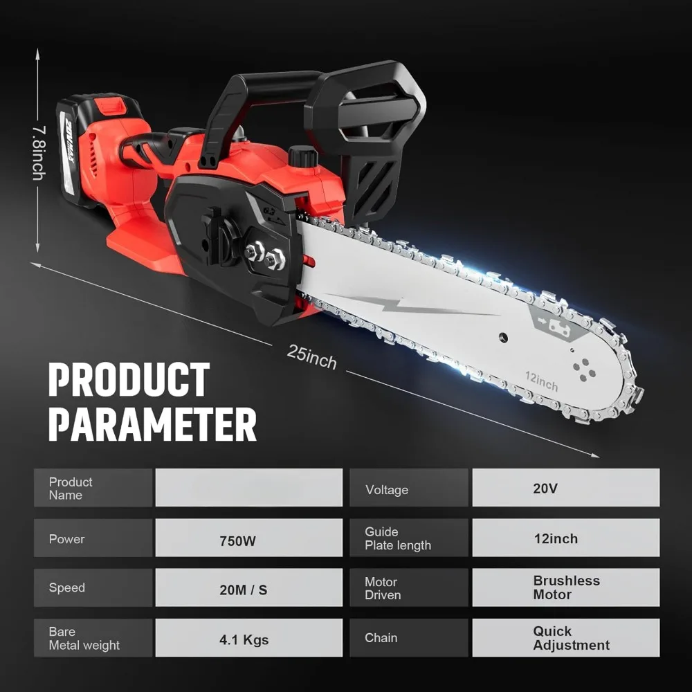 Motosserra elétrica de 12 ", fonte de alimentação por bateria de 20V, motosserra a bateria, bateria de íon de lítio de 4,0Ah
