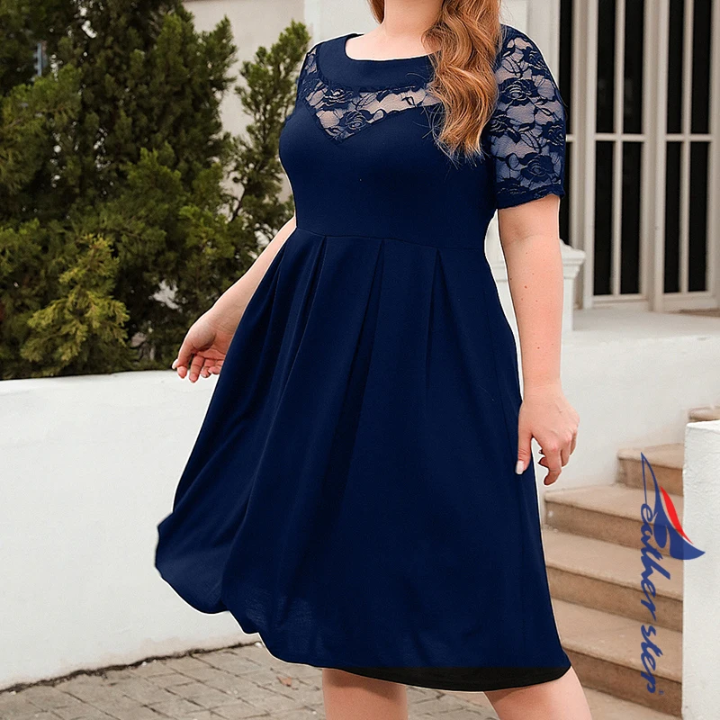 Plus Size damskie sukienki patchworkowa koronka lato jednolity kolor z okrągłym dekoltem z krótkim rękawem elegancka sukienka damska odzież modna