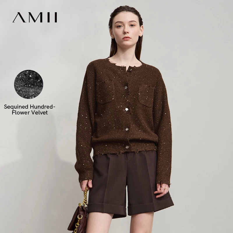 AMII Women's Knitted Cardigan Autumn 2025 Solid O-Neck