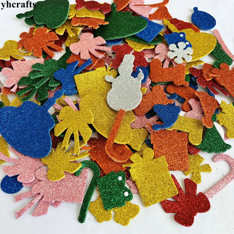 100PCS Mix glitter christmas stickers de noel Glitter snowflake Xmas tree Santa Foam shape Christmas party decoration OEM