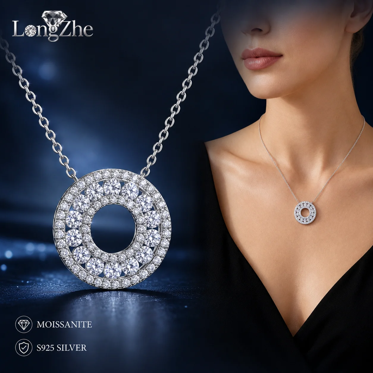 LongZhe Moissanite Pendant Necklace S925 Sterling Silver Round Circle 70 Stones 18K White Gold Plated Daily Jewelry Gift for Her