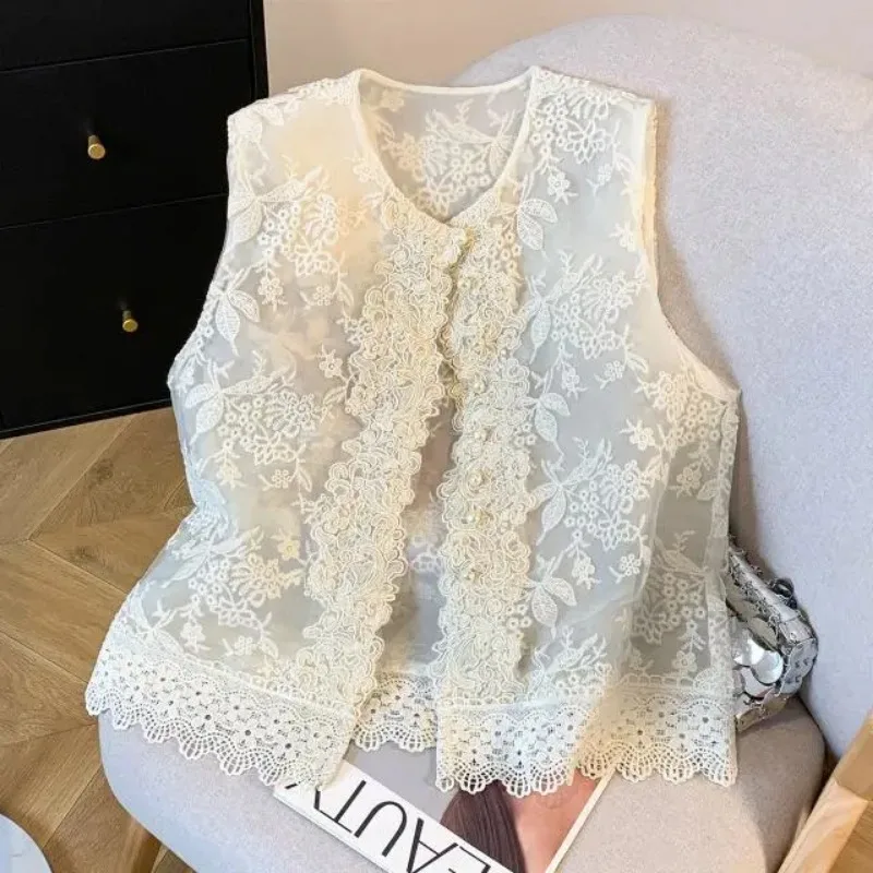 Women's Beige Lace Vest Sleeveless Crew Neck Ruffle Button-down Casual Sheer Outerwear