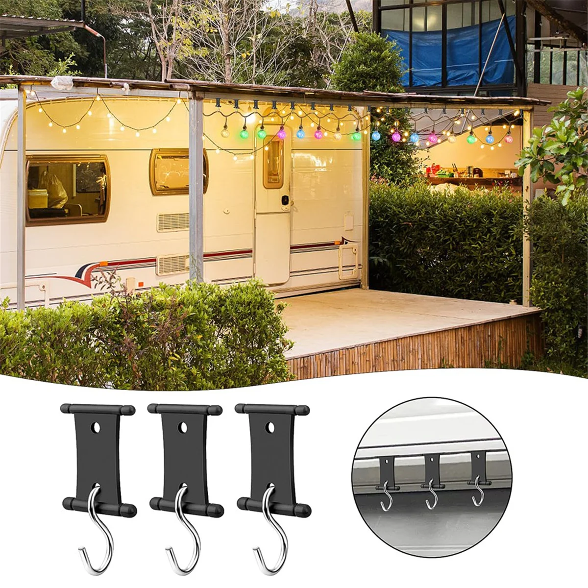 ABDR-16 PCS RV Awning Light Clips Awning Hooks, Double Sided Campers Light Holders Awning Hooks Light Support Hanger Black