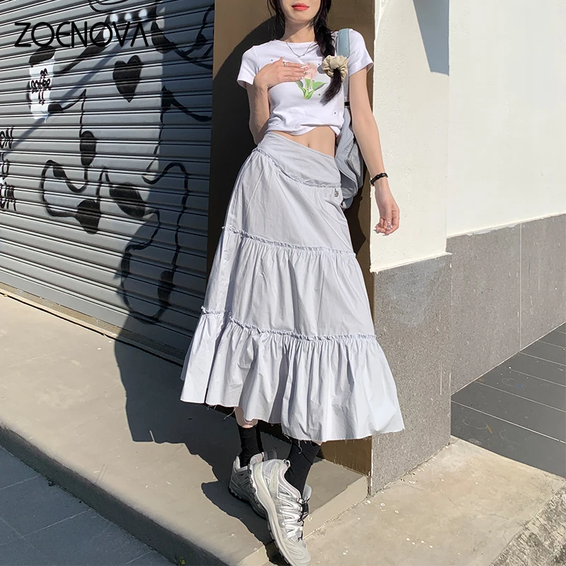 ZOENOVA Harajuku Street Fashion Elegant Versatile Women's Half Skirt Summer Thin High Waist Pleated Casual Party Cake Long Skirt