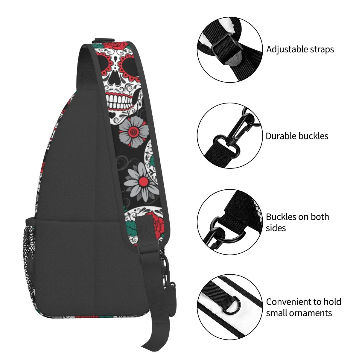 Caveira De Açúcar Dia Dos Mortos Crossbody Sling Bag Saco De Peito Gótico Mexicano Halloween Ombro Mochila Mochila Caminhadas Ciclismo Pacote