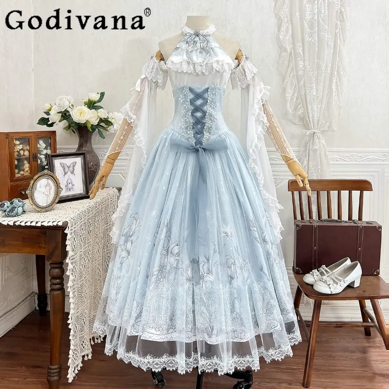 

Elegant Princess Skirt Outfits Women Original Authentic Lolita Top Sweet Wedding Skirt Female Court Lace Sleeve Summer Set