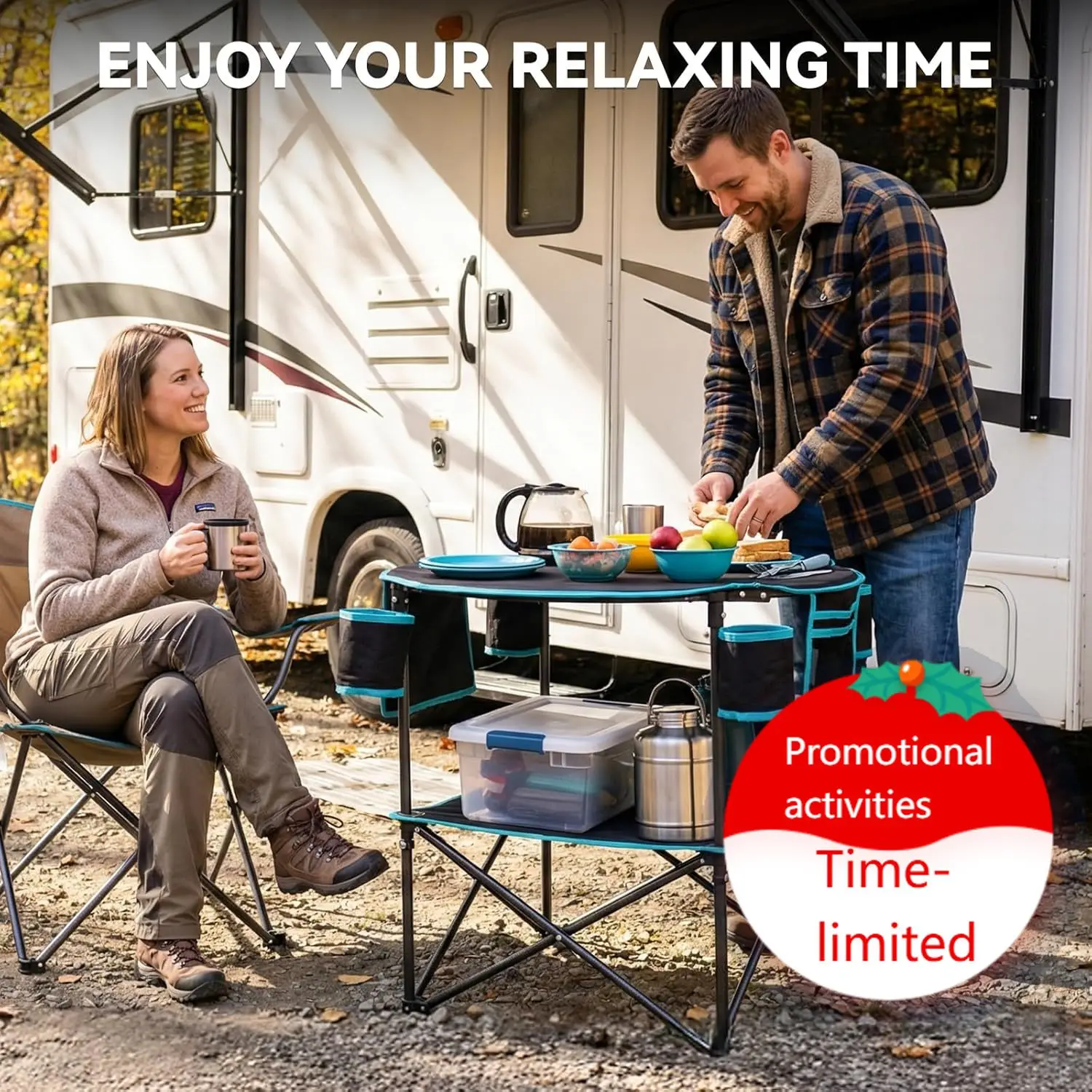 

All in One Tailgate Table, Portable Beach Table with Cup Holders, Camping Table Foldable with Side Pockets Carry Bag for Camp Ou