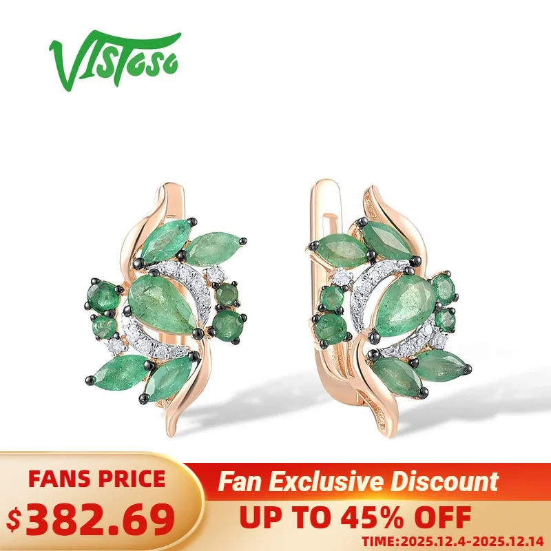 

VISTOSO Authentic 14K 585 Rose Gold Earrings For Women Sparkling Genuine Diamonds Emerald Party Fashion Elegant Fine Jewelry