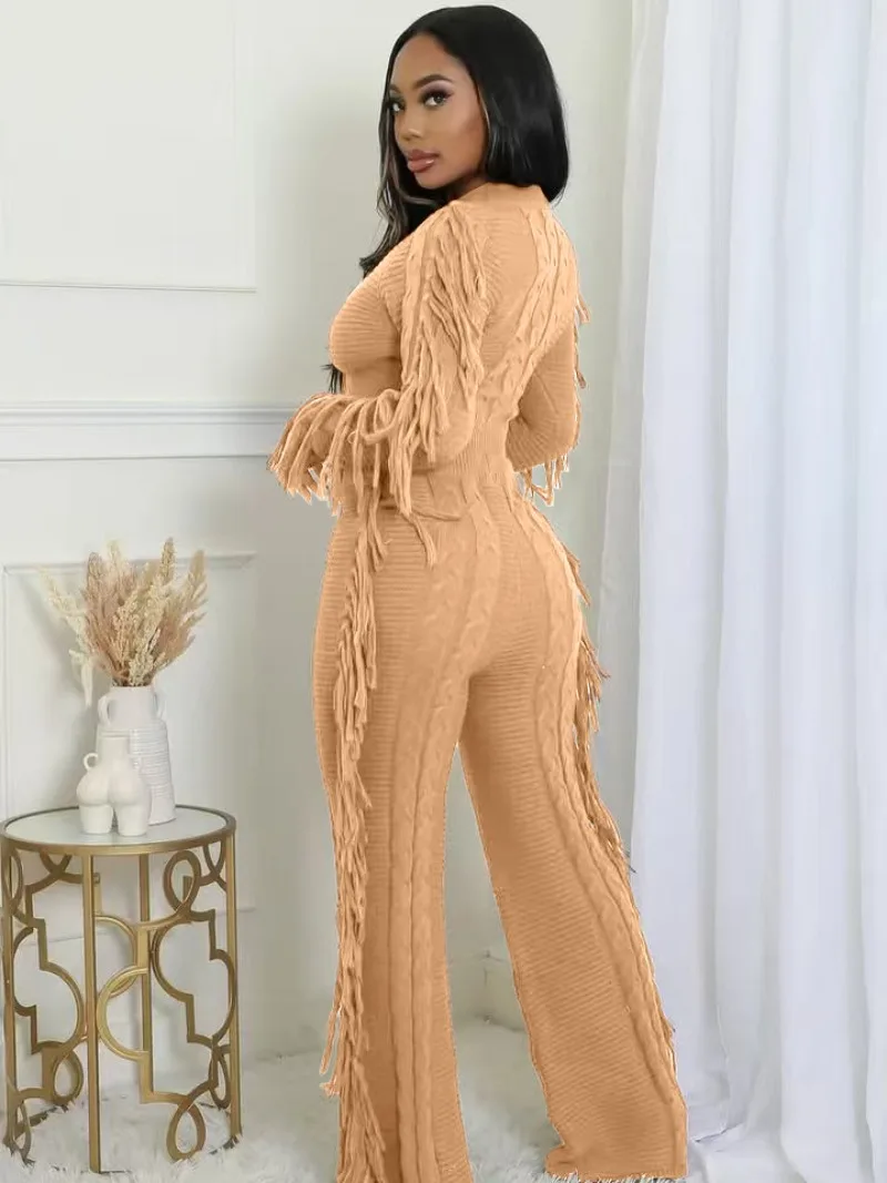 

Women Fall Winter Tassel Knitted Sweaters 2 Piece Set O Neck Long Sleeve Pullovers Crop Tops + Straight Pants Casual Suits