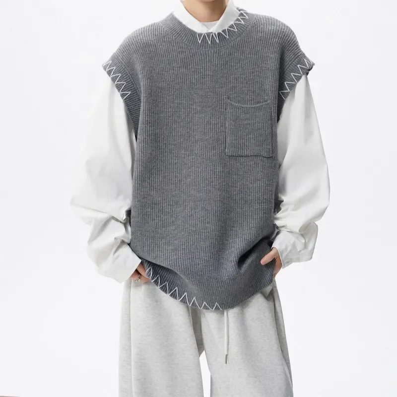 

Весенне-осенний новый универсальный мужской свитер без рукавов High Street, модный повседневный лоскутный внутренний жилет для пар, вязаный жилет